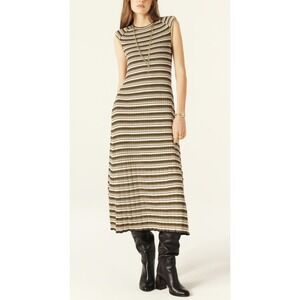 ba&sh Essie Dress Striped Ribbed Knit Maxi Navy Yellow Cream Size M Lady Dress